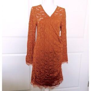Free People Rust Lace Faux Wrap Mini Dress Long Sleeve Shear Size XL